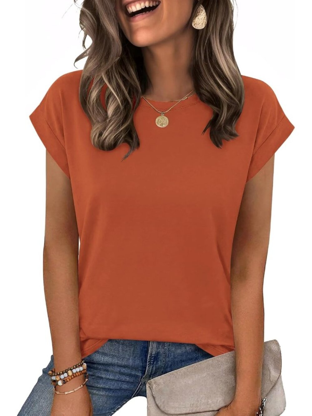 Women's Orange Casual Crew Neck Cap Sleeves Trendy Spring Fashion T Shirts